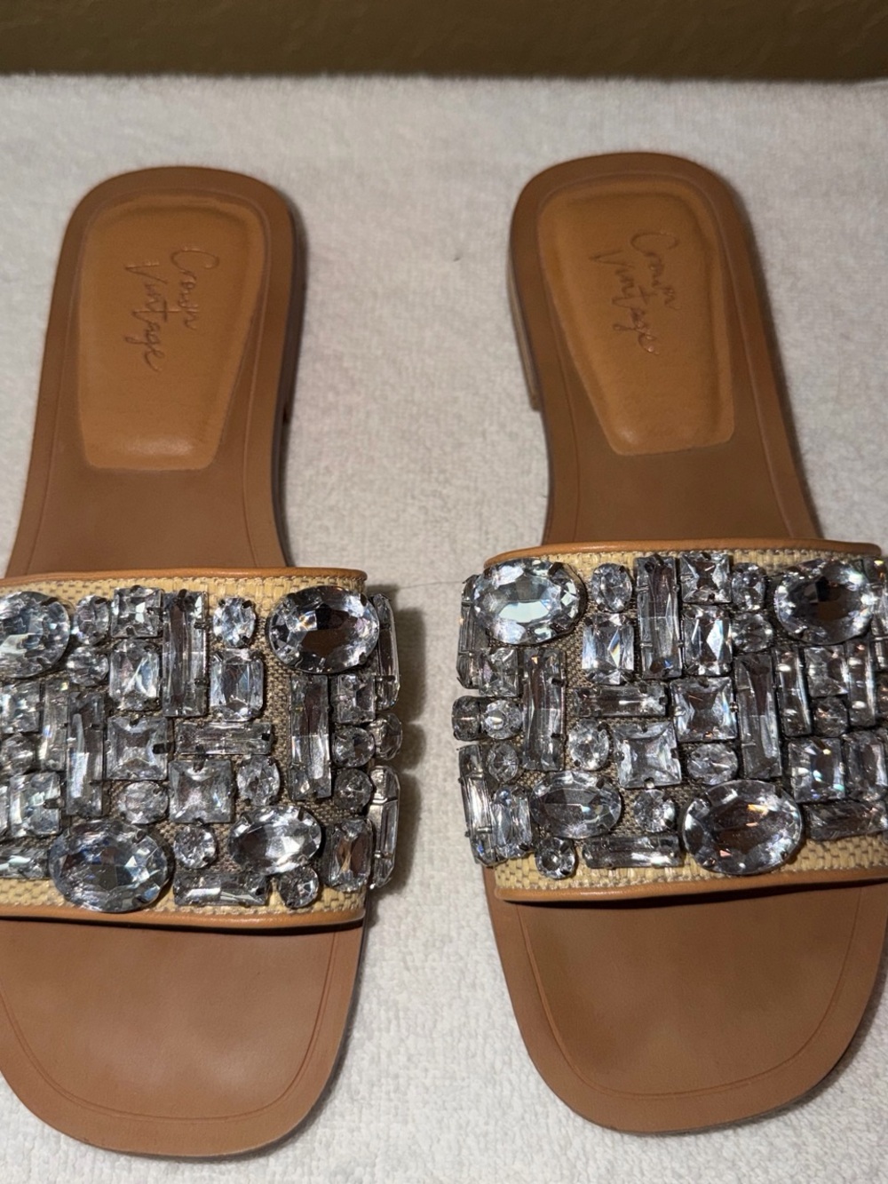 Tan Slide Sandals with Crystal Embellishment
